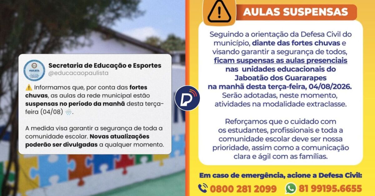 Aulas de Paulista e Jaboat&atilde;o s&atilde;o suspensas.