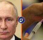 Vladimir Putin e profissional da sa&uacute;de com vacina e seringa na m&atilde;o.