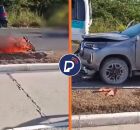 Motocicleta pegando fogo e estado da caminhonete ap&oacute;s colis&atilde;o.