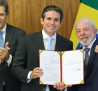 Hugo Motta, Lula e Haddad.