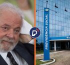 Presidente Lula preocupado e fachada do INSS. 