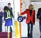 Macron e esposa durante momento no avi&atilde;o.