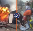 Caminh&atilde;o em chamas e populares roubando carga.