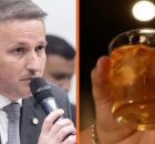 Guilherme Derrite e bebida destilada em copo.