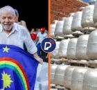 Presidente Lula com bandeira de Pernambuco e botij&otilde;es de g&aacute;s.