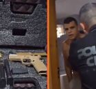 Momento em que pol&iacute;cia bate na porta do pastor e materiais apreendidos.