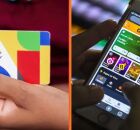 Pessoa segurando cart&atilde;o do Bolsa Fam&iacute;lia e pessoa em site de bets.