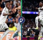 Vini Jr comemorando com a camisa do Real Madrid.