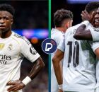 Vin&iacute;cius J&uacute;nior comemorando gol de Mbapp&eacute; contra o Barcelona.