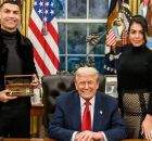 Cristiano Ronaldo e sua esposa, Georgina Rodr&iacute;guez, e Donald Trump na Casa Branca.