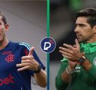 Filipe Lu&iacute;s e Abel Ferreira durante partida do Flamengo e Palmeiras. Equipes se enfrentam na Final da Libertadores