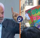 Presidente Lula e protesto com cartaz escrito em linguagem neutra.