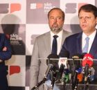 Governador de S&atilde;o Paulo, Tarc&iacute;sio de Freitas, o prefeito da capital, Ricardo Nunes, e o ministro de Minas e Energia, Alexandre Silveira