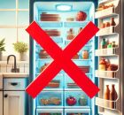 Imagem ilustrativa de uma geladeira com um X vermelho.