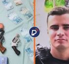 Dinheiro e armas apreendidas na opera&ccedil;&atilde;o e PM que morreu.