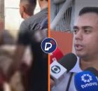 Momento em que populares levam adolescente e m&eacute;dico do Tricenten&aacute;rio em coletiva de imprensa.