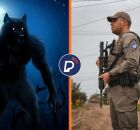 Imagem ilustrativa de um lobisomem e policial da Brigada Militar do Rio Grande do Sul.