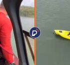 Agente no helic&oacute;ptero do GTA se preparando para resgate e pessoa &agrave; deriva em caiaque, na Barragem do Pirapama, Cabo de Santo Agostinho.