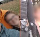 Menino com os pais adotivos e momento em que ele &eacute; conduzido algemado.