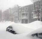 Carros cobertos de neve em Boston. 