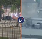 Momento em que viaturas atuam no combate &agrave; chamas e vista do Shopping Recife em chamas. 