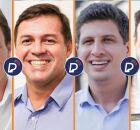 Miguel Coelho ao lado de Thiago Angelus, prefeito Jo&atilde;o Campos e Carlos Andrade, que deixou a Secretaria Desenvolvimento Econ&ocirc;mico.