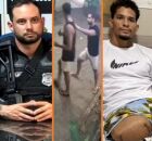 Delegado Luiz Alberto Braga (esq.), v&iacute;deo do caso e o ambulante Emmanuel Apory, que teve a perna amputada.