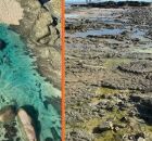 A praia de S&atilde;o Tom&eacute; de Paripe registrou colora&ccedil;&otilde;es azuis e amarelas na &aacute;gua.