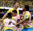 Martinelli comemorando gol da vit&oacute;ria brasileira contra o Jap&atilde;o.