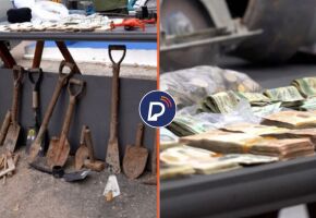 Materiais usado na escava&ccedil;&atilde;o de t&uacute;nel e dinheiro uruguaio resgatado ap&oacute;s assalto frustrado.