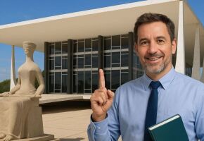 Ilustra&ccedil;&atilde;o de um professor na frente do STF