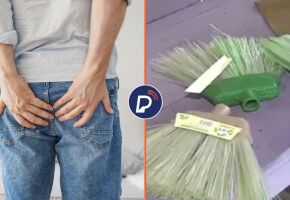 Homem com m&atilde;os nas n&aacute;degas e vassouras sem cabos.