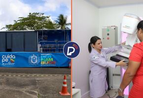 Unidade m&oacute;vel da Carreta da Mulher Pernambucana e atendimento.