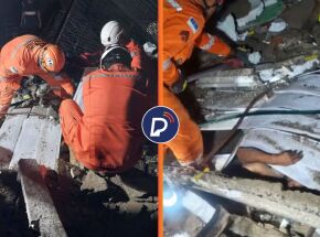 Pr&eacute;dio de tr&ecirc;s andares desaba e idoso &eacute; resgatado com vida em Olinda.