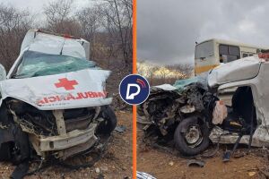 Estado da ambul&acirc;ncia ap&oacute;s colis&atilde;o frontal em Pernambuco.