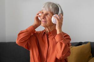 Idosa escuta m&uacute;sica com fones em momento de lazer dom&eacute;stico.