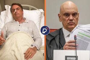 Jair Bolsonaro em hospital e Alexandre de Moraes segurando um papel.