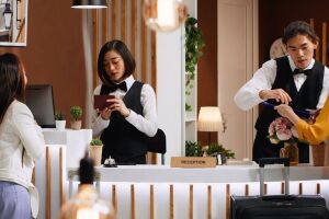 H&oacute;spedes registram entrada na recep&ccedil;&atilde;o de hotel, agora com regras padronizadas de check-in e check-out em todo o pa&iacute;s.