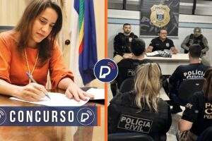 Governadora Raquel Lyra assinando documento e agentes da Pol&iacute;cia Civil de Pernambuco.