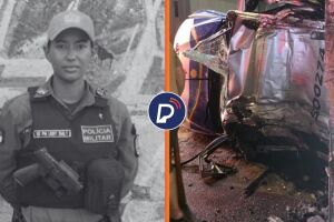Policial militar que morreu ap&oacute;s acidente e estado da viatura da PMPE.