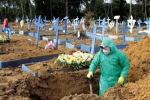 Coveiro com roupa de prote&ccedil;&atilde;o em cemit&eacute;rio, durante per&iacute;odo de pandemia, no Brasil.