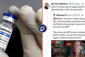 Medicamento polilaminina e coment&aacute;rio de Gil do Vigor nas redes sociais.