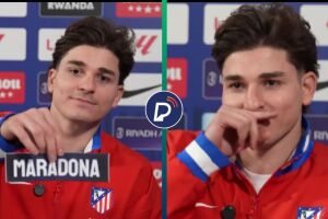 Juli&aacute;n &Aacute;lvarez faz brincadeira ap&oacute;s ouvir nome de Maradona.