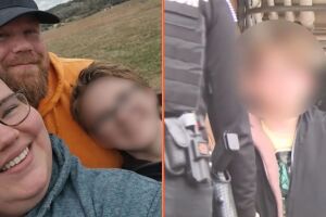 Menino com os pais adotivos e momento em que ele &eacute; conduzido algemado.