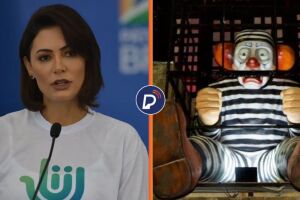 Michelle Bolsonaro reage ap&oacute;s desfile retratar Jair Bolsonaro como palha&ccedil;o preso em homenagem a Lula