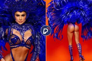 Natacha Horana, musa bailarina da Gavi&otilde;es da Fiel com traje carnavalesco.