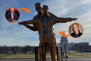 Est&aacute;tua de Trump e Epstein em famosa pose do "Titanic" &eacute; instalada na capital dos Estados Unidos