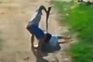 Momento em que home agride mulher &agrave; coronhadas com espingarda.