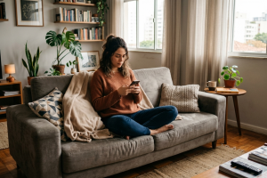 Mulher morando sozinha em seu apartamento