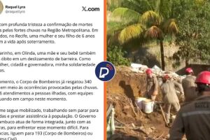 Governadora Raquel Lyra lamenta mortes em Olinda e Recife.